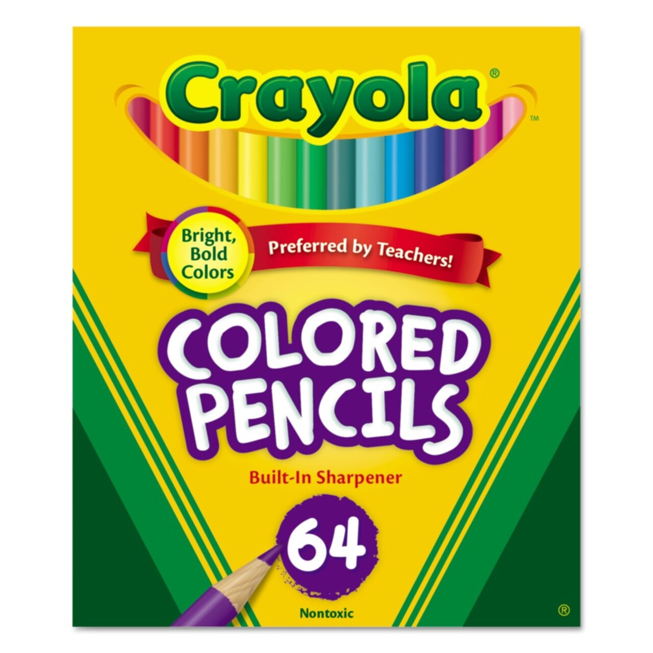 Crayola 3.3 mm 2B Short Colored Pencils Hinged Top Box with Built-in Pencil Sharpener - Assorted Lead and Barrel Colors (64/Set)